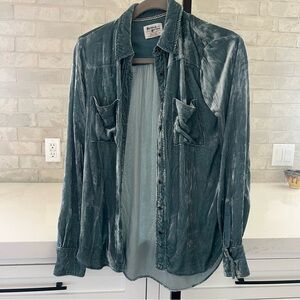 Anthropologie Holding Horses Blue Velour Velvet Button up blouse